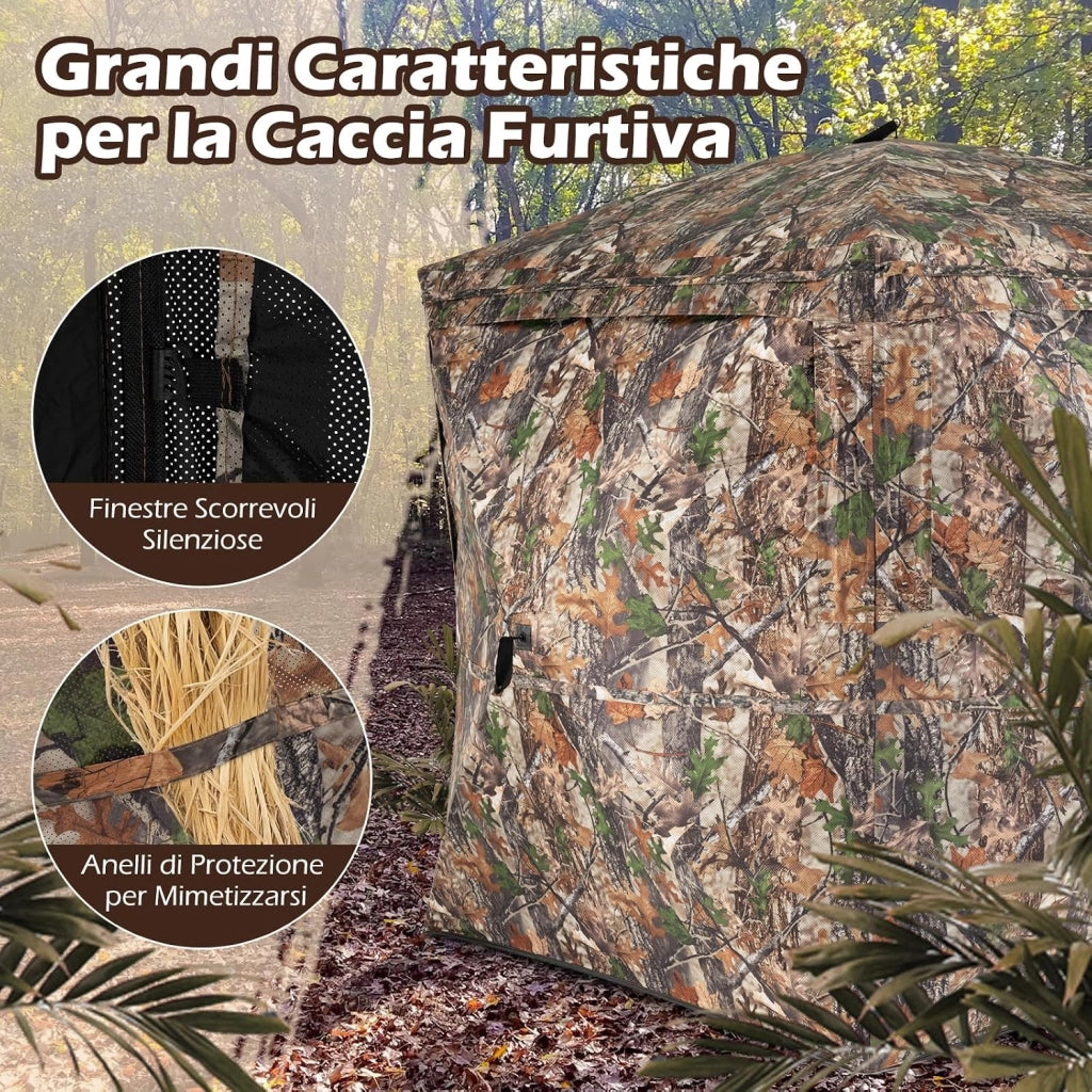 Tenda da Caccia per 2-3 Persone, Tenda Mimetica a 270° per Caccia, Tenda Pop-Up Camouflage con Porta Magnetica Silenziosa, 4 Finestre e Borsa da Trasporto, 146 x 146 x 170 cm