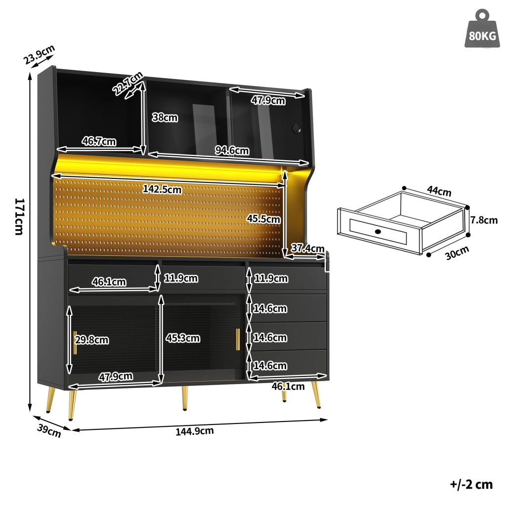 OKWISH Madia Alta con 2 Ante Scorrevoli, 1 Cassetto e LED con Controllo tramite App, per Cucina, MDF e Vetro, Nero, 145×39×171 cm
