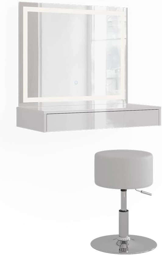 Tavolo da toeletta Sherry, Bianco/bianco lucido, 120 cm 3 parti, con illuminazione LED e specchio integrato