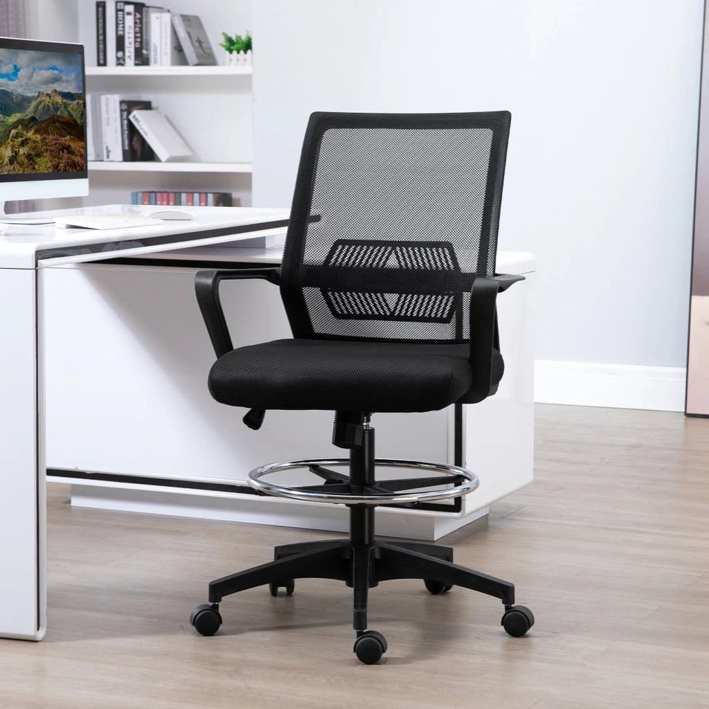 Sedia da Ufficio Regolabile con Braccioli e Anello Poggiapiedi 64x59x104-124 cm in Tessuto a Rete Nero