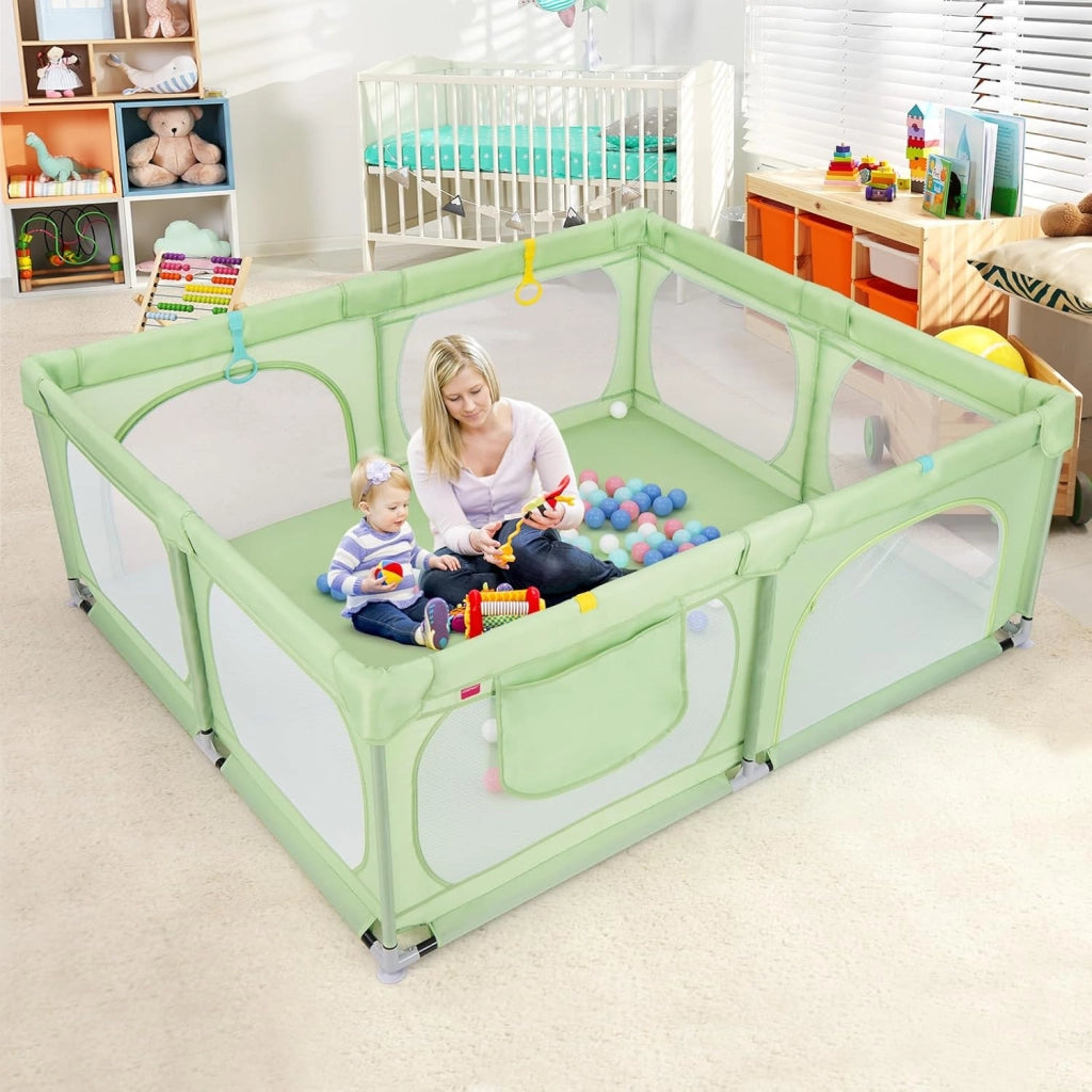Recinto per Bambini, Box per Bambini con Rete Traspirante, Centro Attività per Bambini con 50 Palline, Box Giochi per Bambini 0-3 Anni (Verde, 189 x 158 cm)