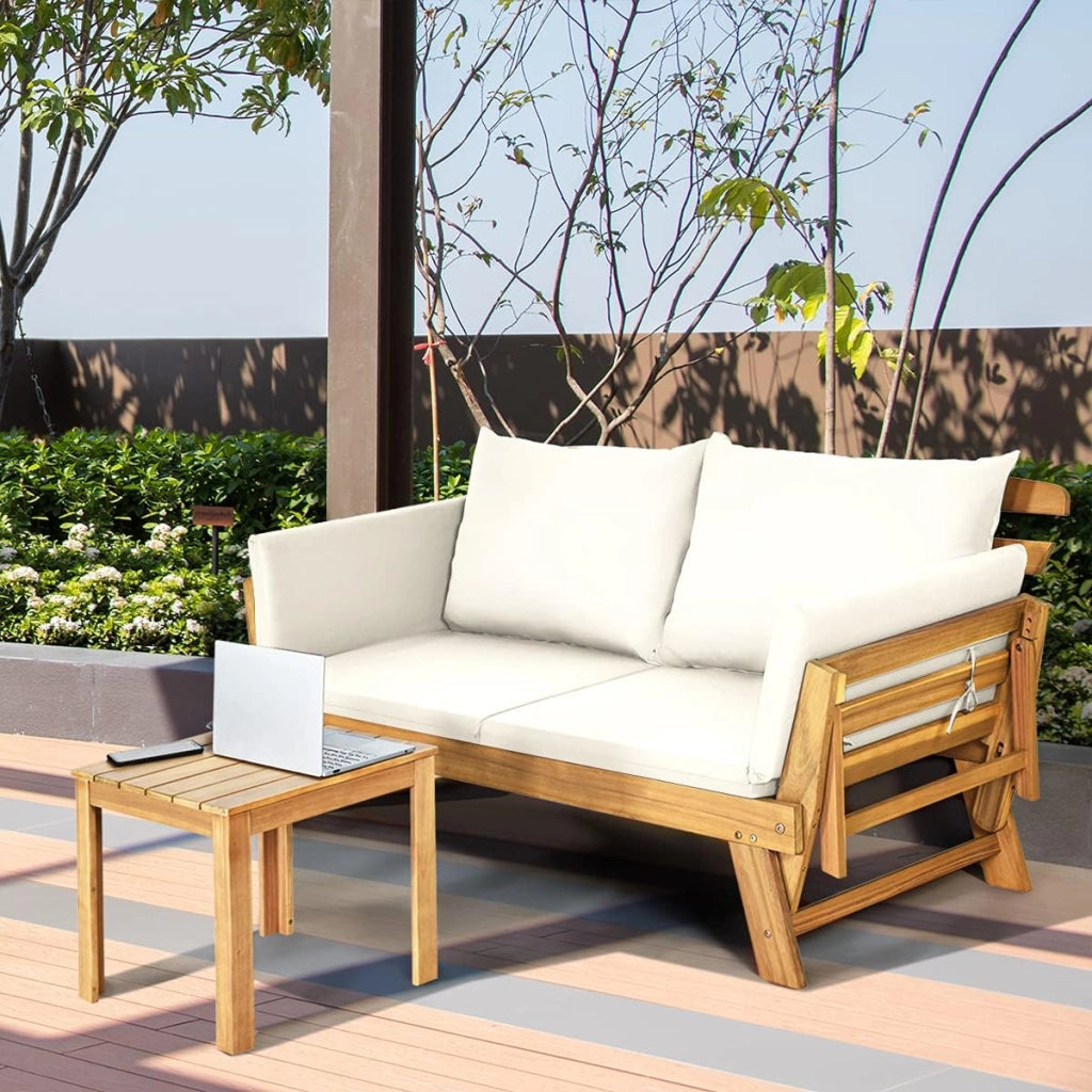 Divano Esterno da Giardino 2 Posti con Cuscino，Set da Giardino in Legno Certificato FSC，Sdraio da Giardino Pieghevole da 2 Persone,153/194 x 72 x 76 cm，Beige/Grigio
