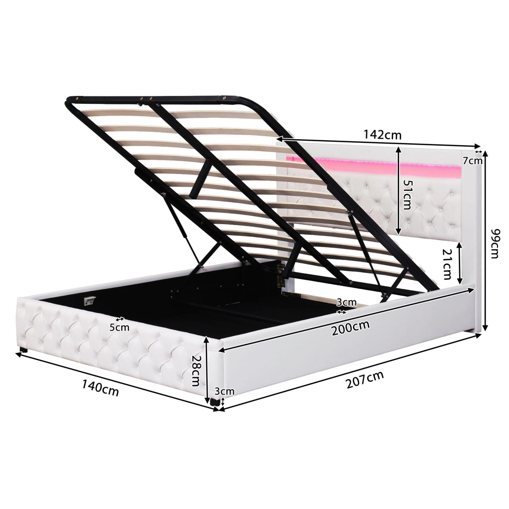 OKWISH Letto Contenitore 140×200 cm, Letto Matrimoniale con Contenitore, LED Regolabile e Telecomando, senza Materasso, in PU, Bianco