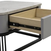 Set di 2 Tavolini da Salotto Impilabili con Piano in Marmo Lucido e Vetro, Struttura in Metallo e Cassetti, 60x60x42 cm + 50x50x34 cm, Nero
