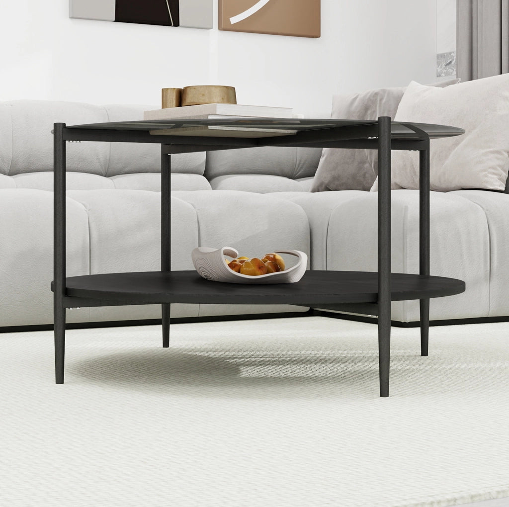 Tavolino da caffè rotondo a 2 ripiani in vetro fumé nero; legno e ferro; ? 82 x 45 cm