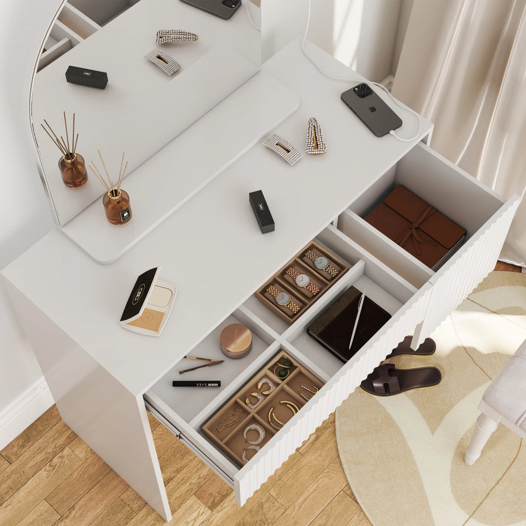 SCHMINKTISCH con specchio curvo, 2 cassetti, MDF bianco