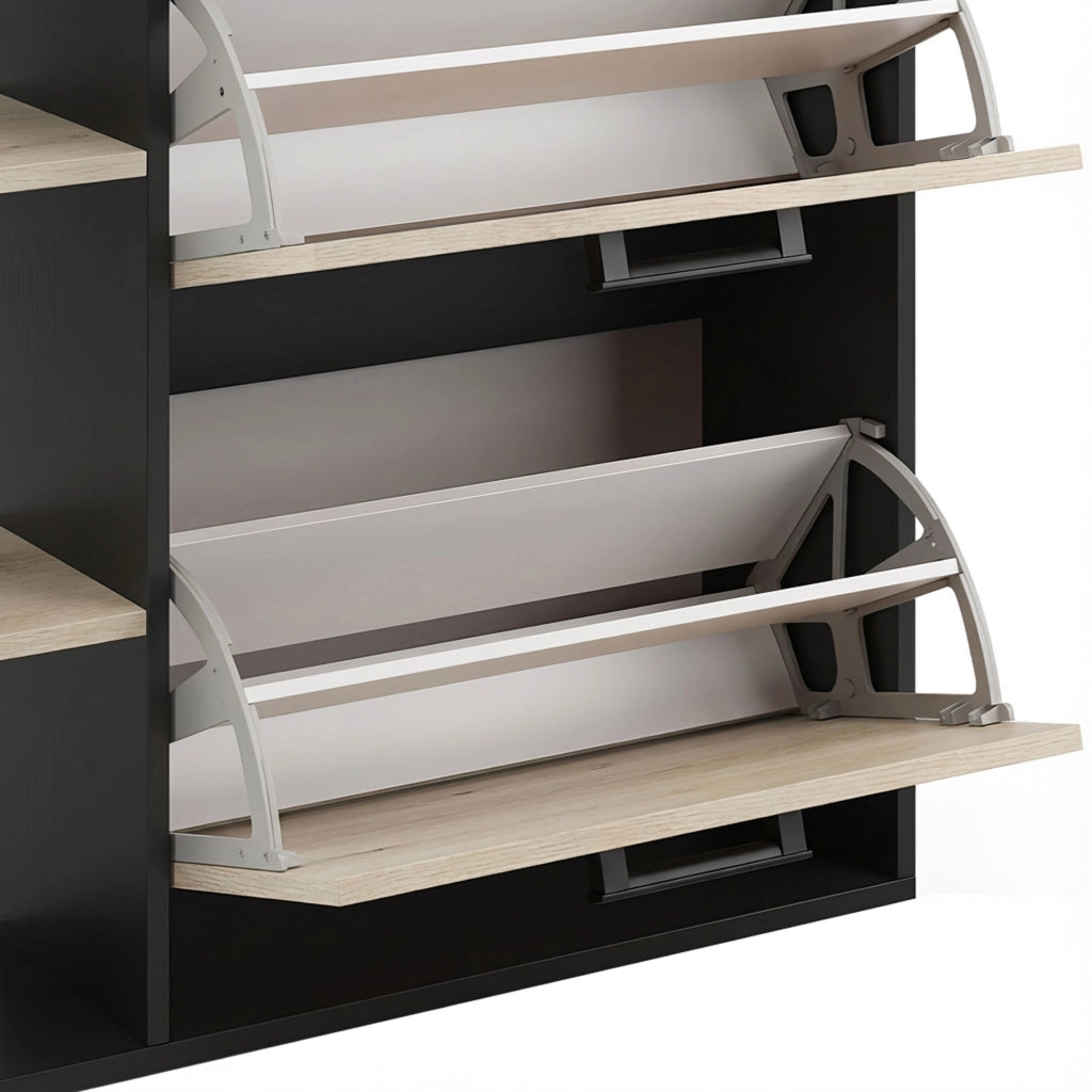Sena - Scarpiera Salvaspazio 2 Ante 80x90x24,5 cm 12 Paia con Mensole e Ripiano Svuotatasche in Legno Nero