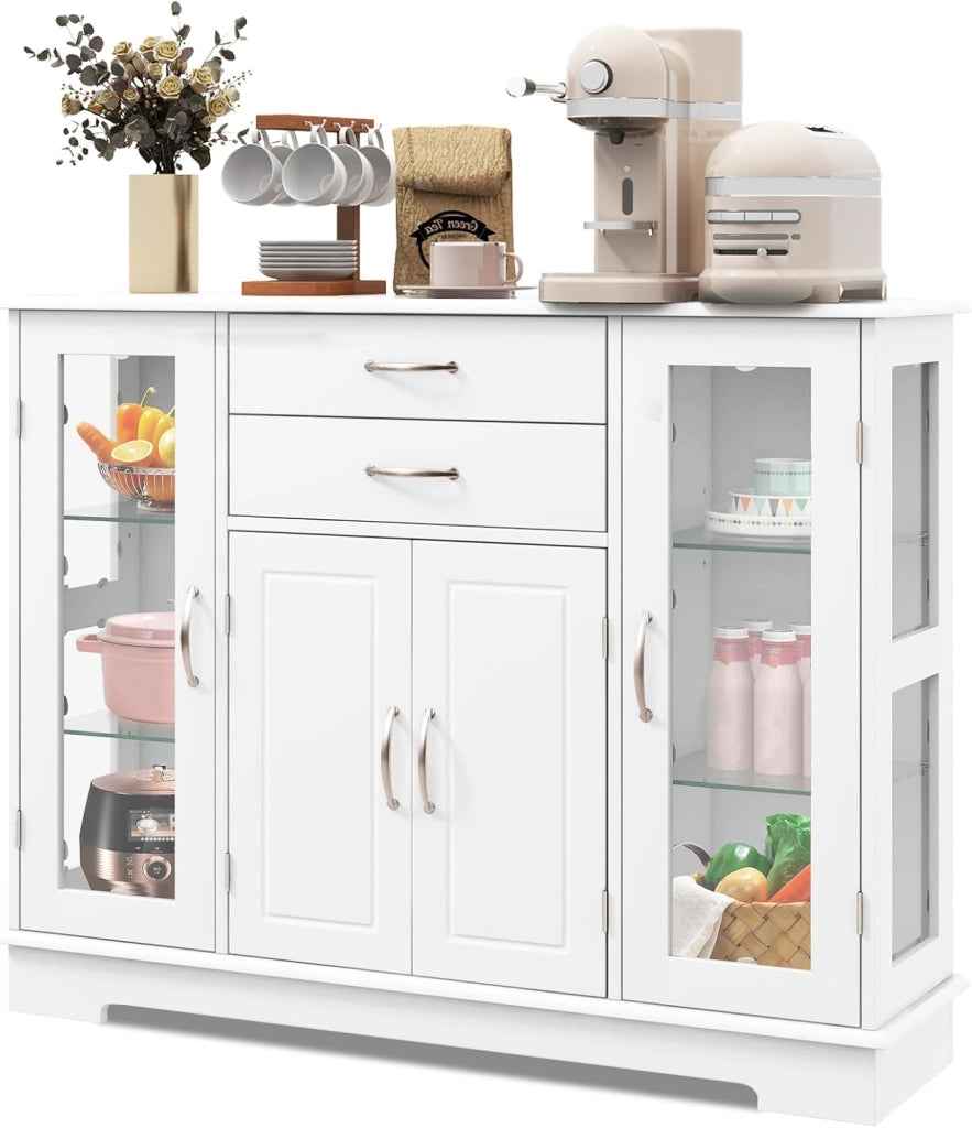 Credenza da cucina in legno, armadio a buffet multiuso con ante e ripiani in vetro temperato, mobile ausiliario per sala da pranzo, soggiorno, bagno, 107 x 30 x 81 cm