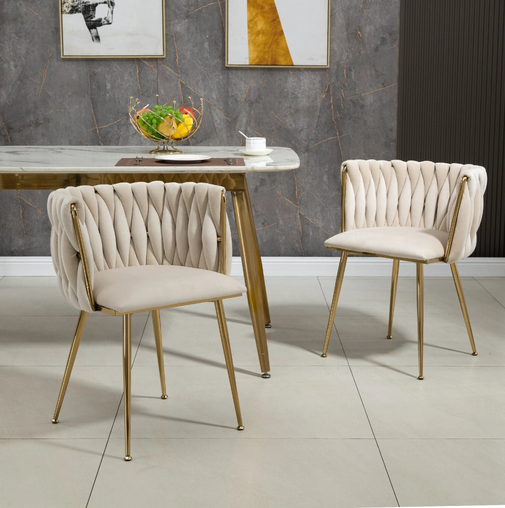 Sedia da pranzo in velluto avorio con gambe in metallo oro