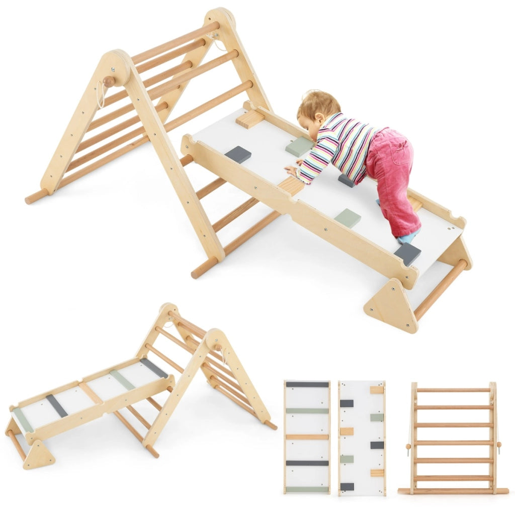 Set di arrampicata 3-in-1 per bambini con rampetta a doppia faccia, Arrampicatore in legno pieghevole per bambini Naturale-Giocattoli sportivi