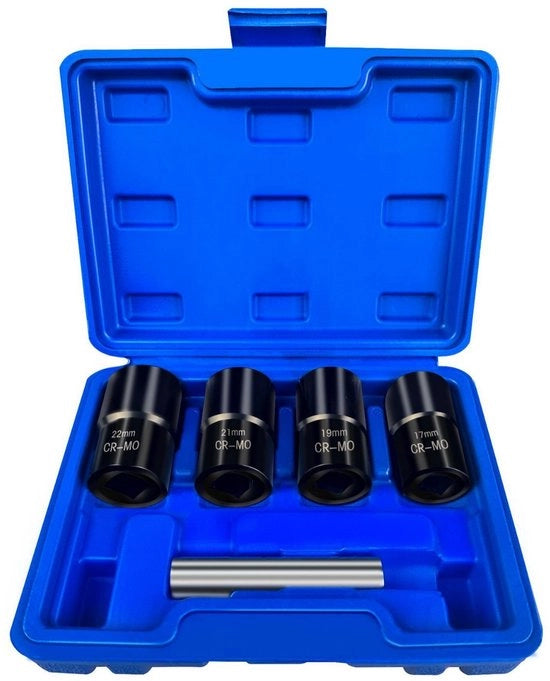 Set di 5 viti a spirale e un estrattore a vite da 1,27 cm per la rimozione dei bulloni delle ruote con diametro 17 mm, 19 mm, 21 mm e 22 mm.