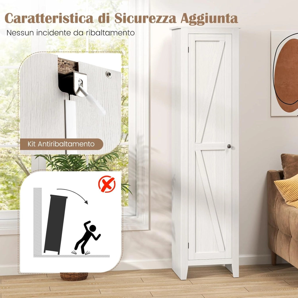 Mobile Bagno 43 x 39,5 x 183 cm, Colonna Bagno con Ante e 4 Ripiani, Armadietto Salvaspazio Alto a Colonna in MDF, per Soggiorno, Cucina e Ufficio (Bianco)