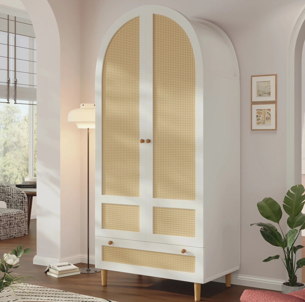 Armadio guardaroba 80x50x180 cm bianco con ante effetto rattan; asta appendiabiti e cassetto HOMVRA