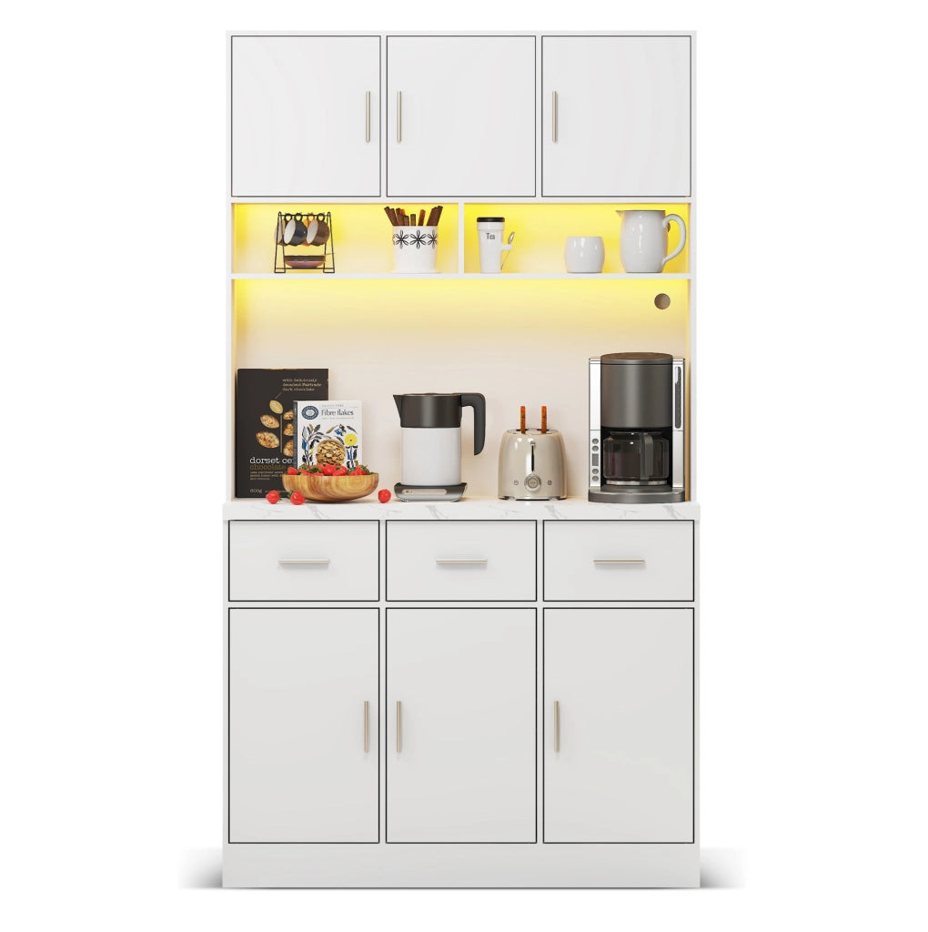 Credenza da cucina con LED, prese USB, cassetti e ripiani regolabili