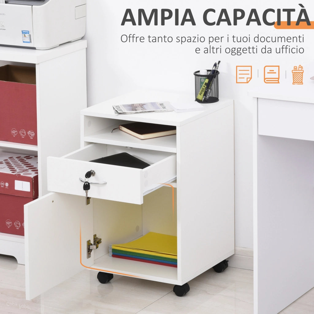 EasyComfort Schedario da Ufficio con Cassetto, Ruote a Freno e Ripiano Aperto, Cassettiera Ufficio con Serratura e 2 Chiavi per Lettera/Legale/Formato A4, Armadietto per Studio, 40x35x60cm, Bianco