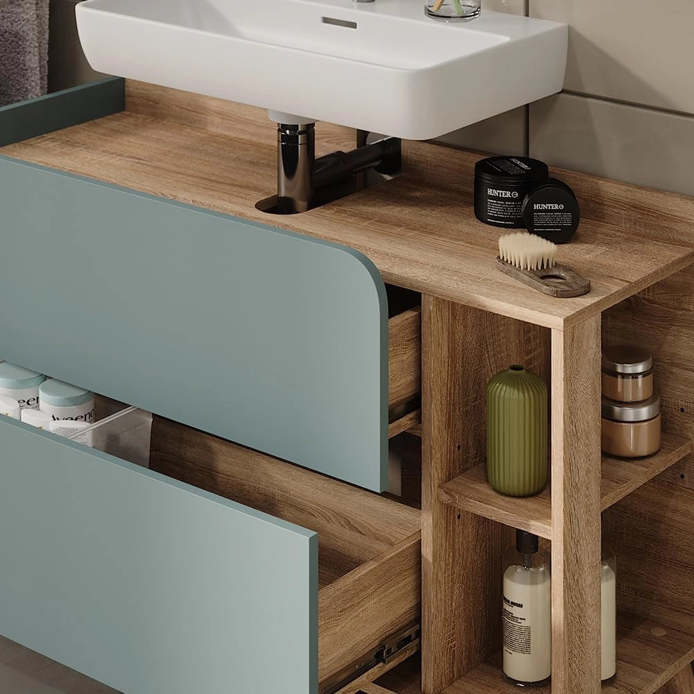 Mobiletto per lavabo Karen, Sonoma/blu, 100 x 65 cm con 2 cassetti, per montaggio sotto il lavabo con apertura per sifone