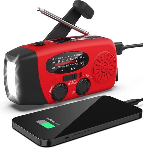 Radio con Batterie (Accu) per Emergenze - Radio Opwindabile - Radio di Emergenza - Radio Solare Opwindabile - Radio con Batterie - Radio per la Vita - Kit di Emergenza - Audio per Te - Radio FM/AM - Per Camping - Radio Portatile - Rosso