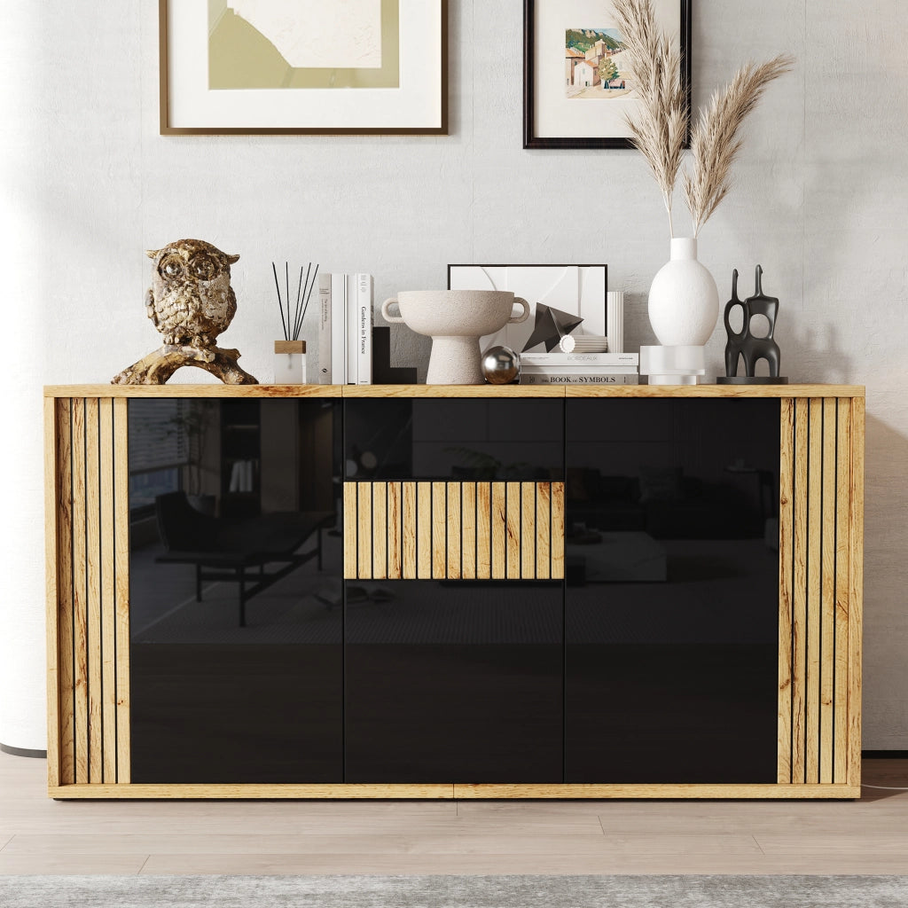 Credenza con 3 ante e 6 vani, push-to-open - per soggiorno - in MDF e truciolare - nero e legno