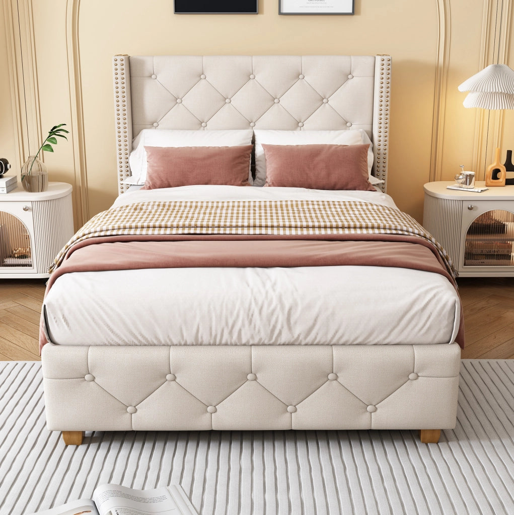 Letto imbottito 90x200 cm; testiera trapuntata e piedi rinforzati; lino beige (Senza materasso)