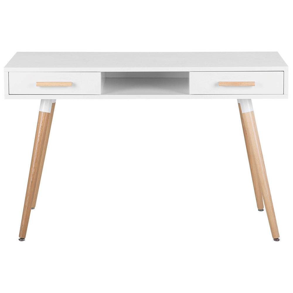 Scrivania Bianca 120 x 45 cm 2 Cassetti Scaffale Gambe in Legno Massello Scandinavo