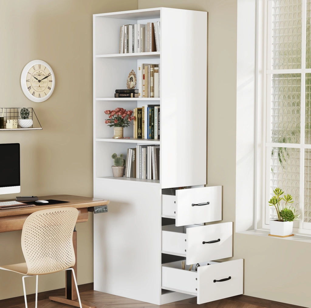 Libreria stretta alta 180 cm con cassetti laterali; bianco