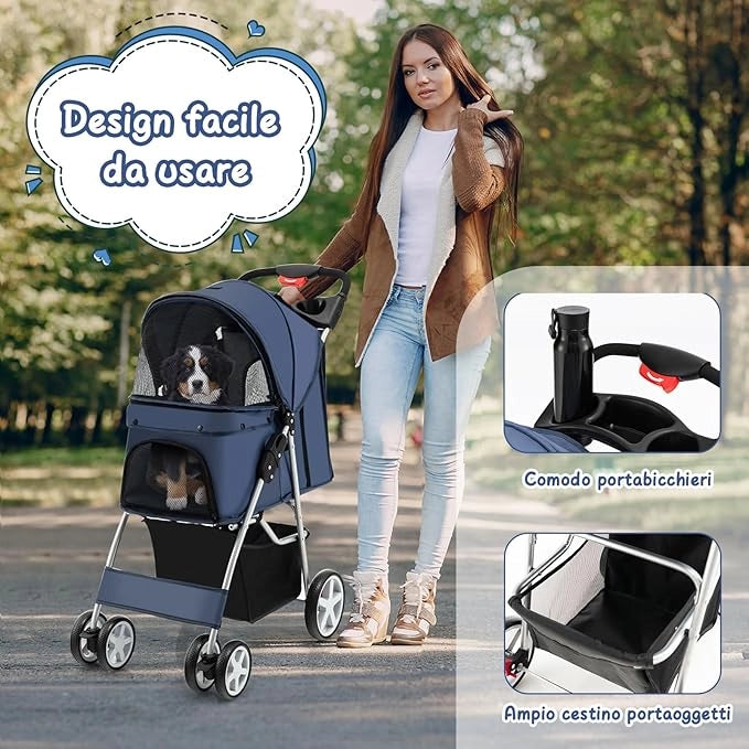 Passeggino per Cani Piccoli Pieghevole, Fino a 15 kg, Ruote 360° con Freni, Cuscino, Porta Doppio, Finestre, Cestino, Portabicchieri, Carrozzina Portatile (Blu)