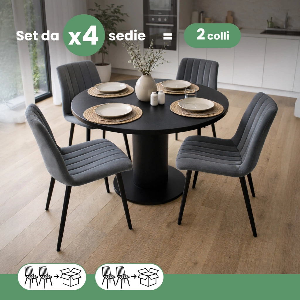 Set di 4 Sedie in velluto trapuntate LIVO Grafite Scuro gambe nere