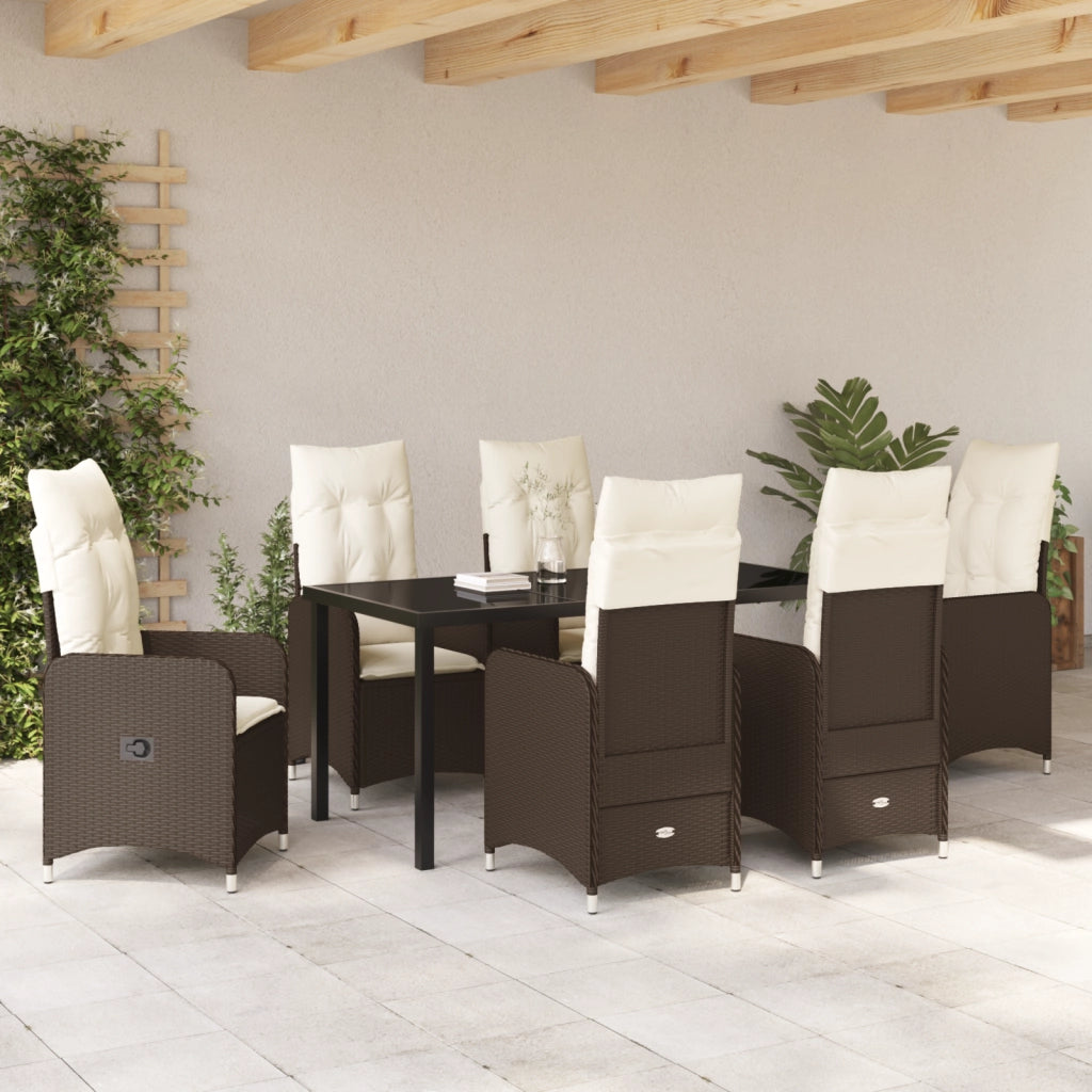 Set da Pranzo per Giardino 7 Pezzi con Cuscini Marrone in Polyrattan