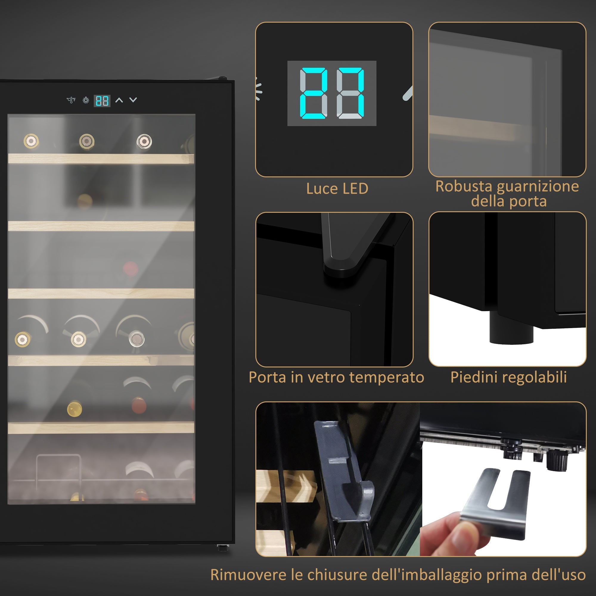 Cantinetta Vino Refrigerata per 24 Bottiglie Capacità 65L Controllo Temperatura e Ripiani Estraibili Nero