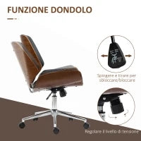 Sedia da Ufficio Vintage Imbottita, in Finta Pelle, Legno e Acciaio, 53x60x86-96 cm, Nero e Marrone Scuro