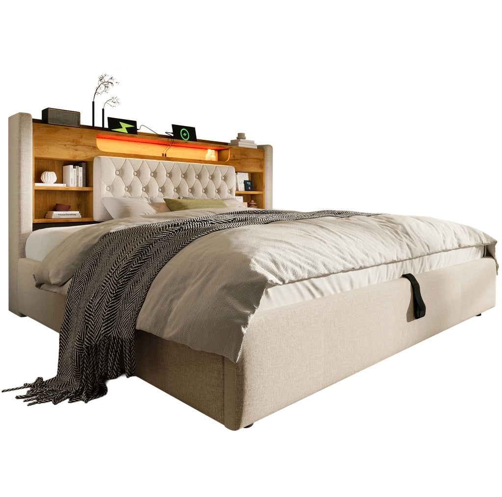 Letto matrimoniale 180x200 cm in lino beige con contenitore; LED e porte USB