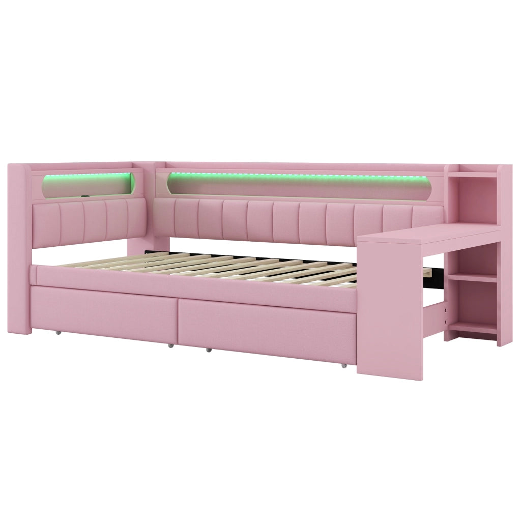 LETTO 90x200 cm imbottito Rosa con USB, LED, scrivania e 2 cassetti