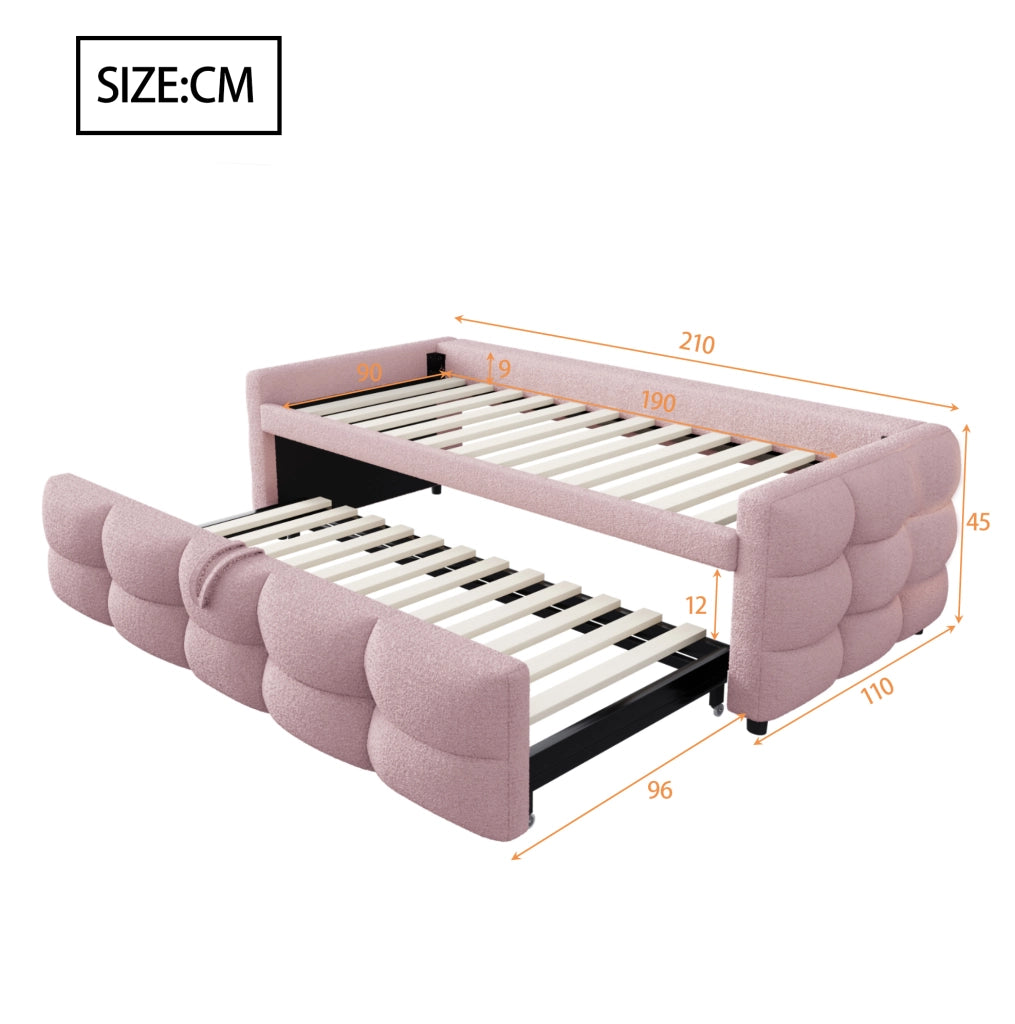 Letto combinato 90/180 x 190 cm in tessuto Teddy rosa con rete a doghe