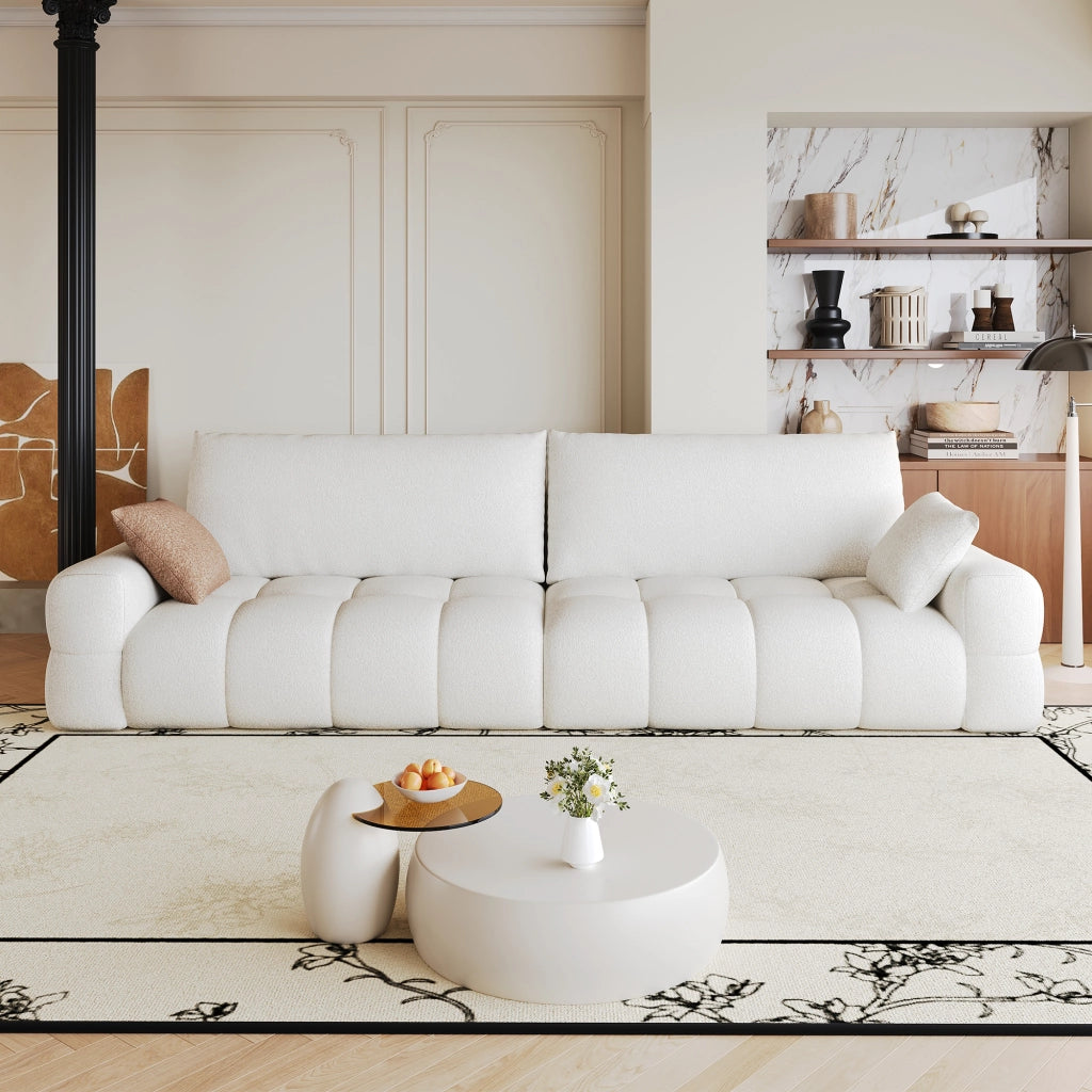 Divano modulare con chaise longue reversibile e seduta profonda senza montaggio in tessuto bianco crema 260 cm