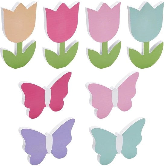 Set di 8 Tulipani e Farfalle in Legno per Decorazione da Tavola