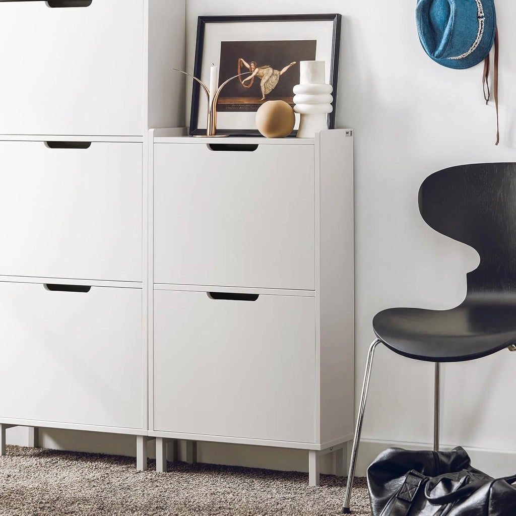 Scarpiera Salvaspazio Slim da Ingresso Mobile Portascarpe con 2 Ante a Ribalta Regolabili in Legno Armadio Scarpiera Alta e Stretta per Corridoio, 50x19x90 cm，Bianco, FSR151-W