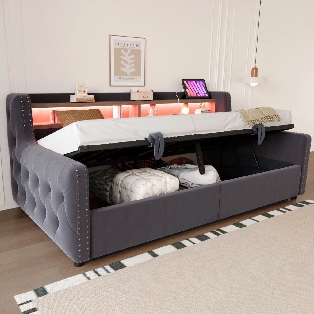 Divano letto imbottito 90 x 200 cm con contenitore; LED e presa integrata; in velluto grigio scuro