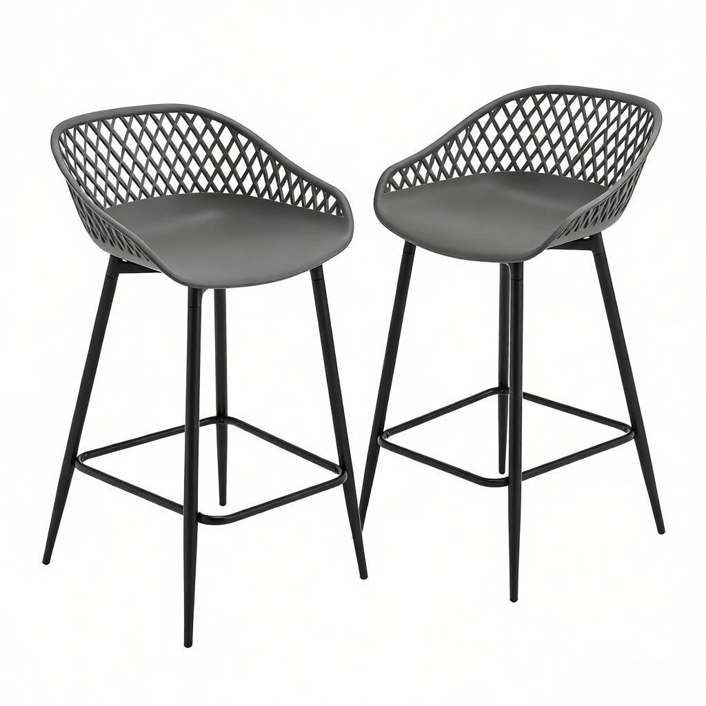 Sgabello da bar set da 2 con schienale traforato e poggiapiedi in pp e metallo grigio per cucina e giardino