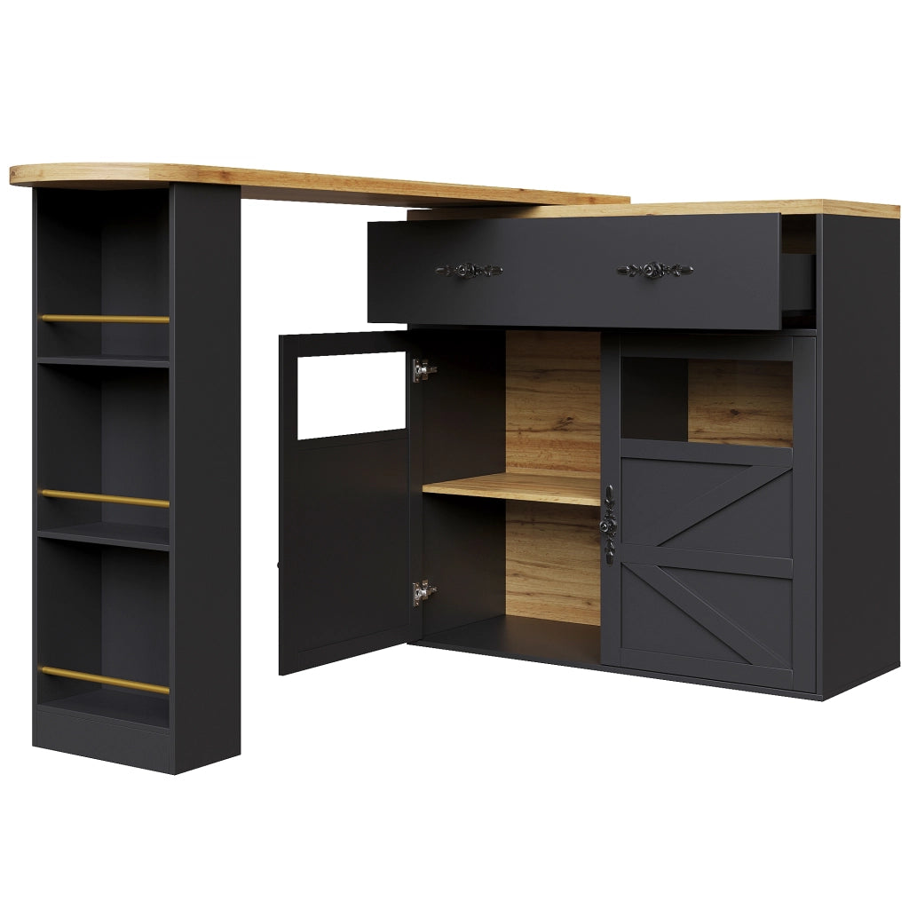 Tavolo da Pranzo Allungabile con 1 Cassetto; 3 Ripiani e Rotazione a 360 Gradi; in MDF; Nero; 138-204x39x104 cm
