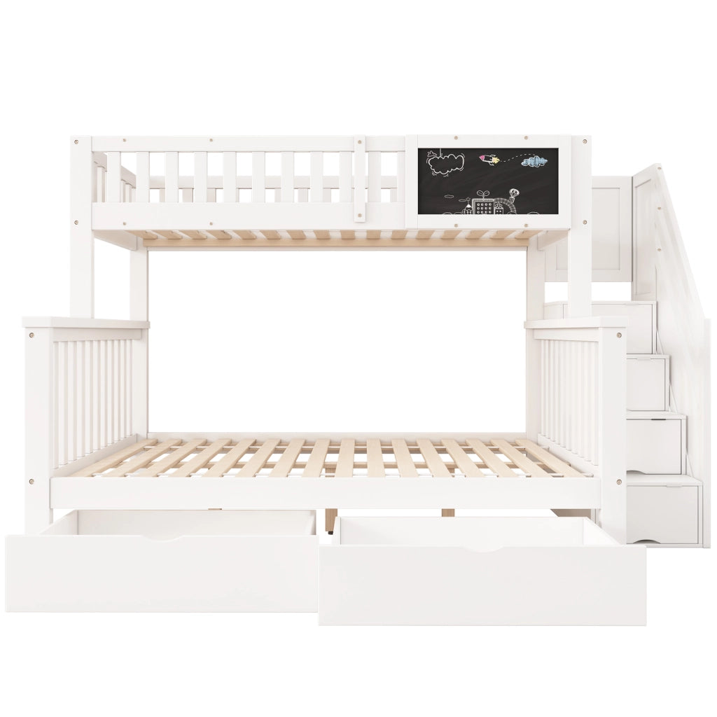 Letto a castello per bambini bianco 90x200 cm con lavagna, cassetti e spazi contenitore, senza materasso