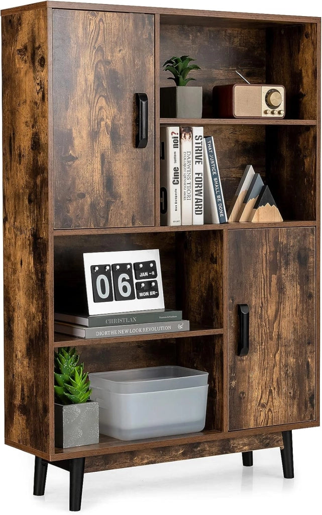Libreria di Legno a 4 Livelli, Libreria con 2 Ante, 4 Mensole Aperte, Gambe in Legno di Gomma, Cuscinetti Antigraffio e Dispositivo Antiribaltamento, 80 x 24 x 119,5 cm (Caffè)