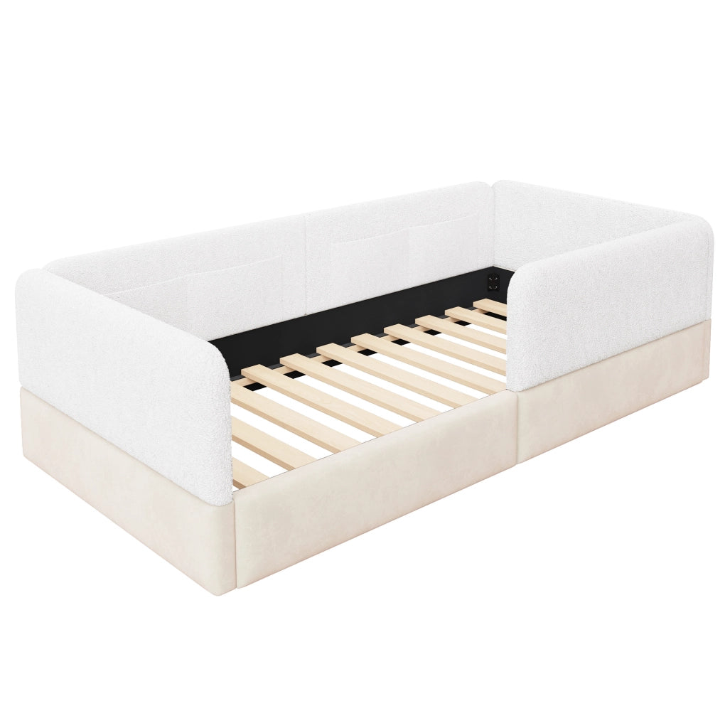Letto a piattaforma imbottito 90x200 cm con sponde protettive e tasche portaoggetti, bianco