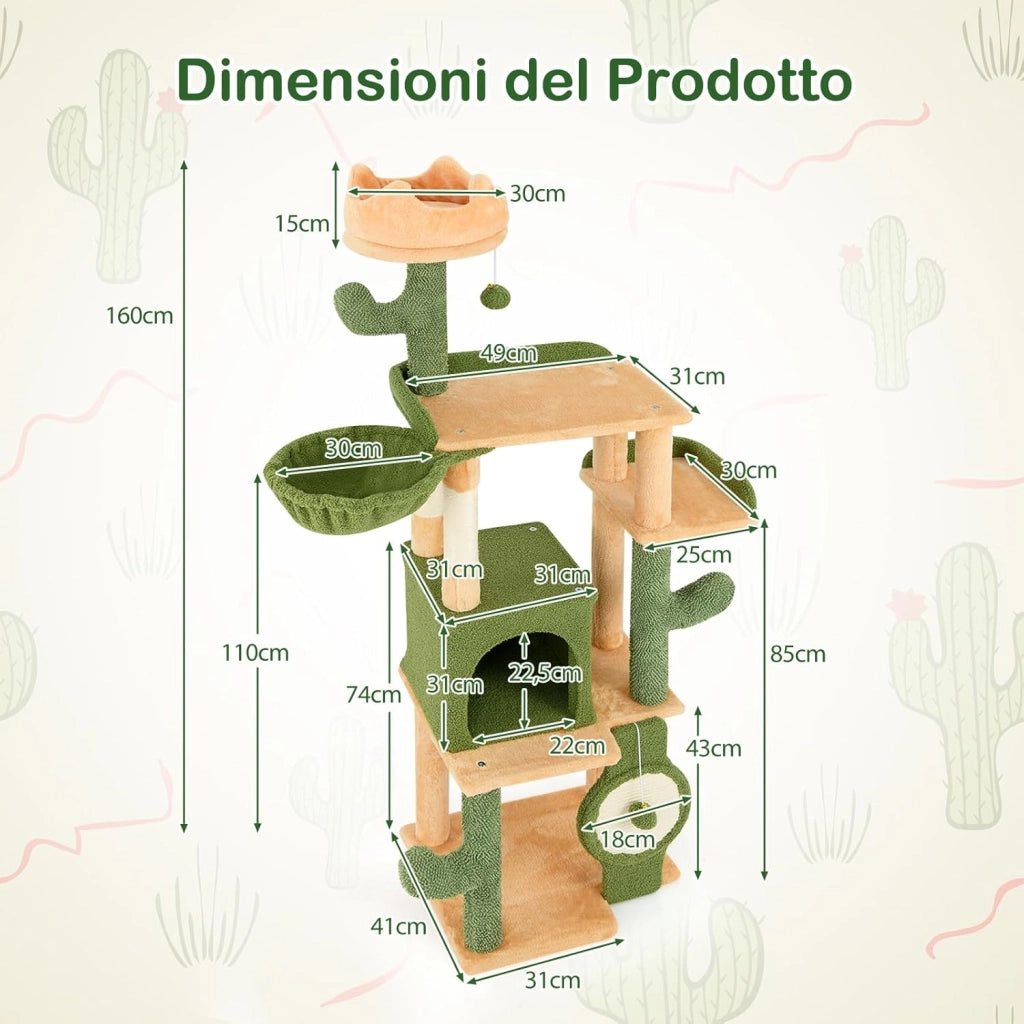 Tiragraffi 160cm, Albero per Gatti con Pali per Graffi in Sisal, Posti a Sedere Imbottiti, Giochi Appesi e Cuccia, Torre per Animali Domestici da Interno a Forma di Cactus, Verde