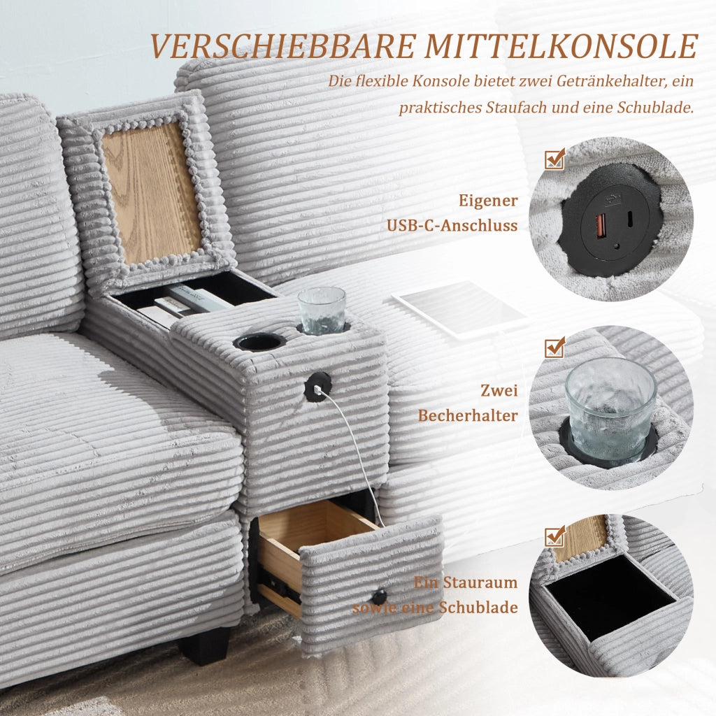 Divano 3 Posti in Velluto a Coste con Ottoman e Cassetto ¨C MINIMAL ¨C Grigio/Beige