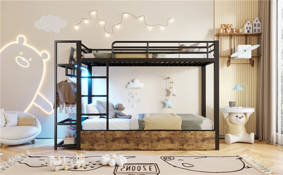 DESMIU Letto a castello 90 × 200 cm con 2 cassetti, ripiani, barra appendiabiti e LED, senza materasso