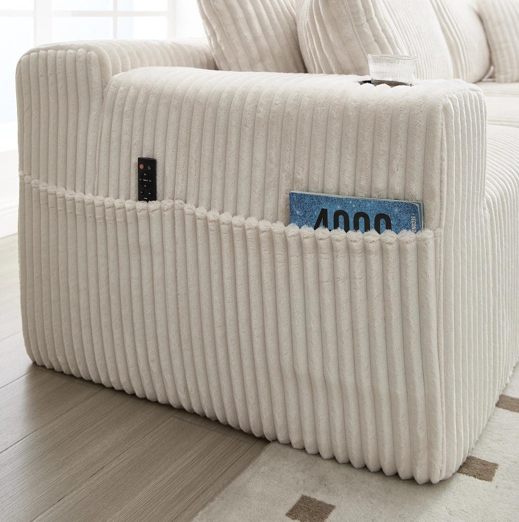 Divano modulare beige con penisola, velluto a coste, 5 cuscini e portabevande laterali