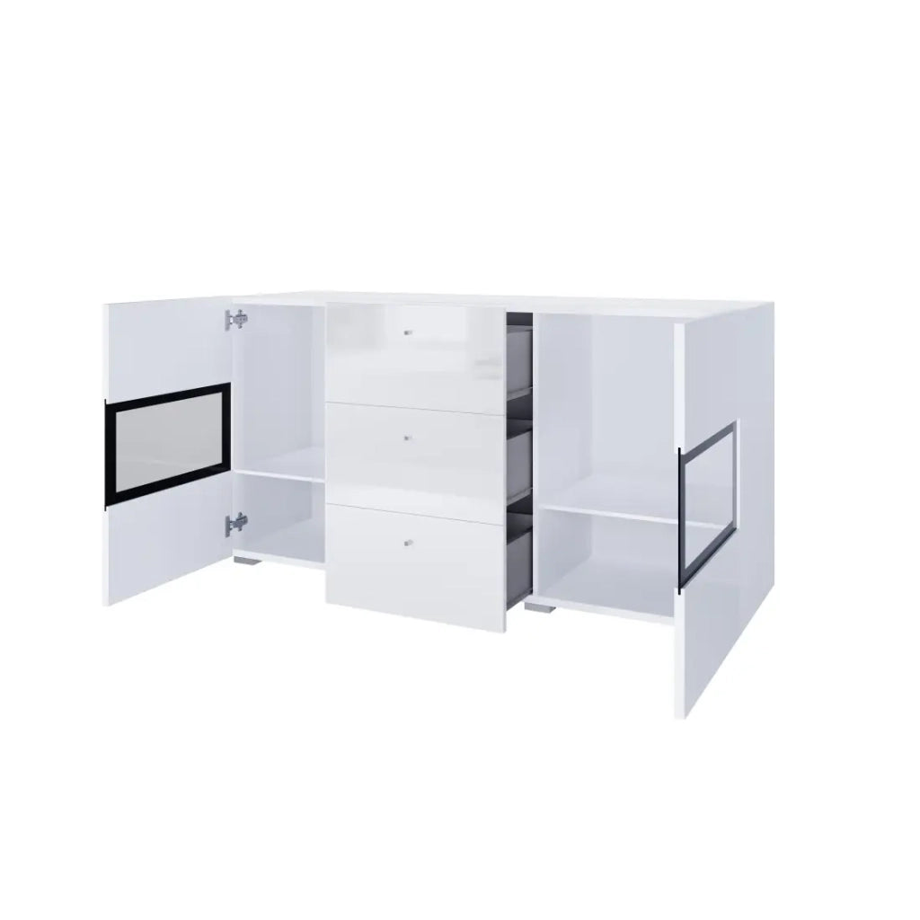Buffet RAMOS – 2 porte in vetro + 3 cassetti – Colori bianco lucido e nero – LED non inclusa