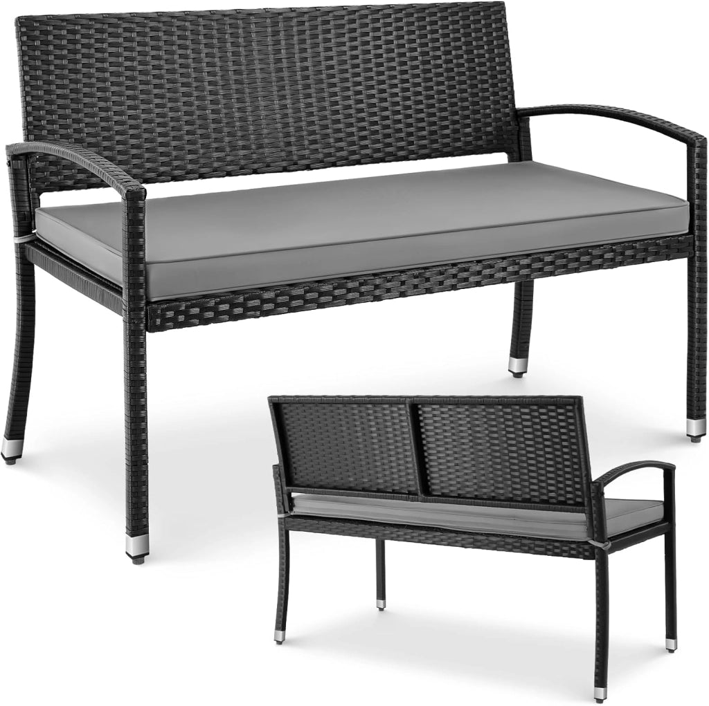 Panca da giardino, resistente alle intemperie, con cuscino, 2 posti, in polyrattan, portata 320 kg, accogliente mobili da giardino per esterni, 122 x 60 x 90 cm, per piccoli balconi, giardini
