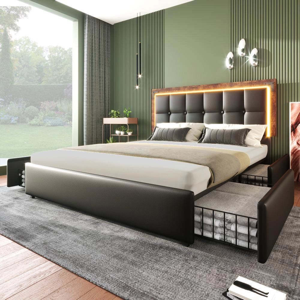 Letto con cassetti 140x200 cm - Xylo - Nero - LED e 4 cassetti