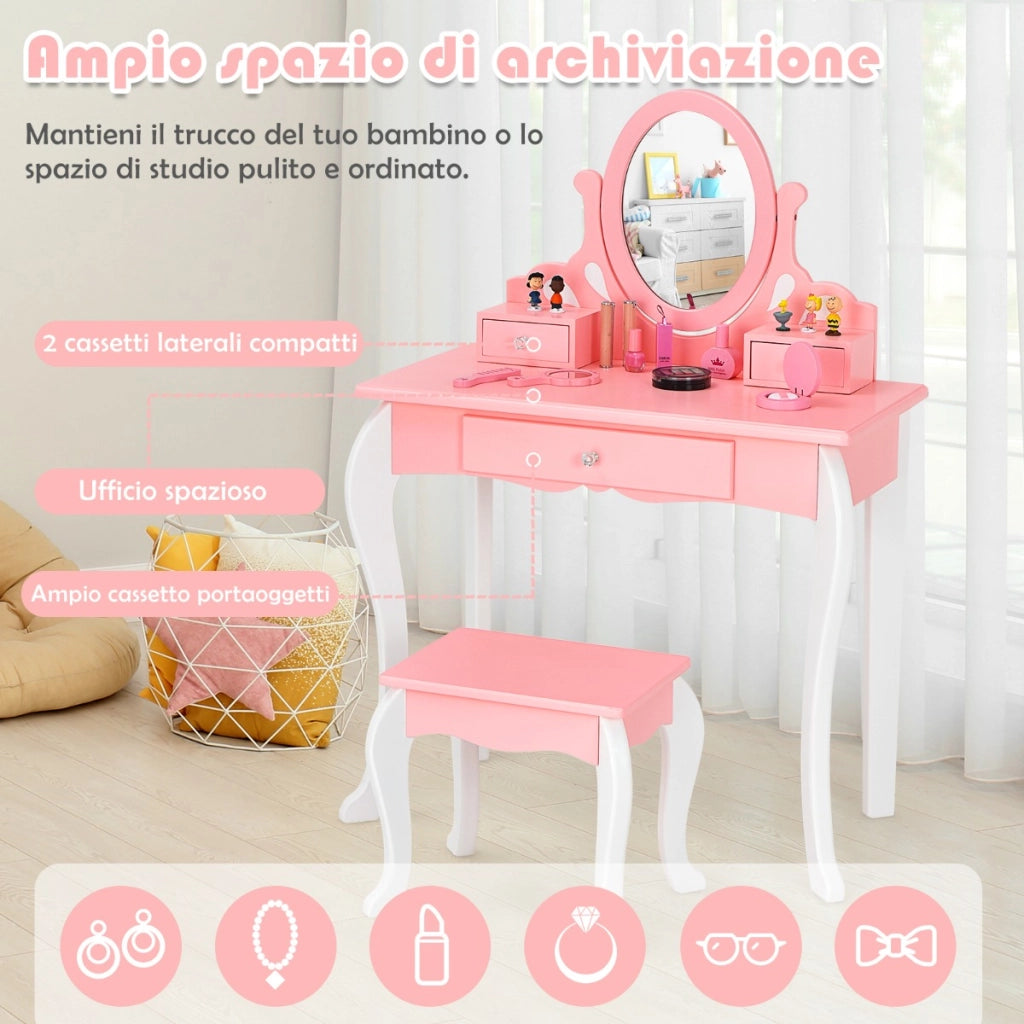 Set toeletta per bambini con specchio girevole a 360¡ã e 3 cassetti, Set tavolo da trucco e sgabello Rosa-Toelette per bimbi